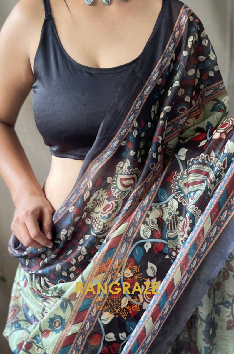 Sea Green Soft Cotton Saree With Kalamkari Prints And Contrast Pallu