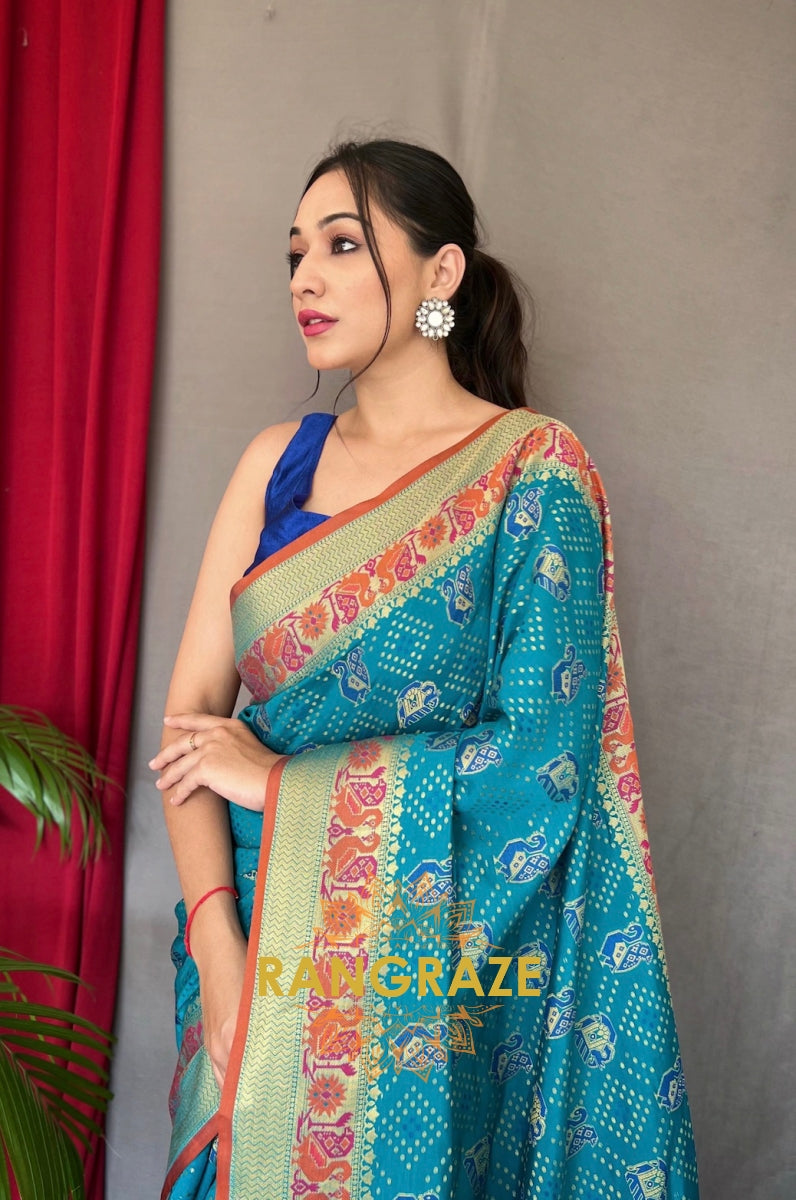 Turquoise Blue Pure Kutchi Patola Silk Saree With All Over Patola Weaving