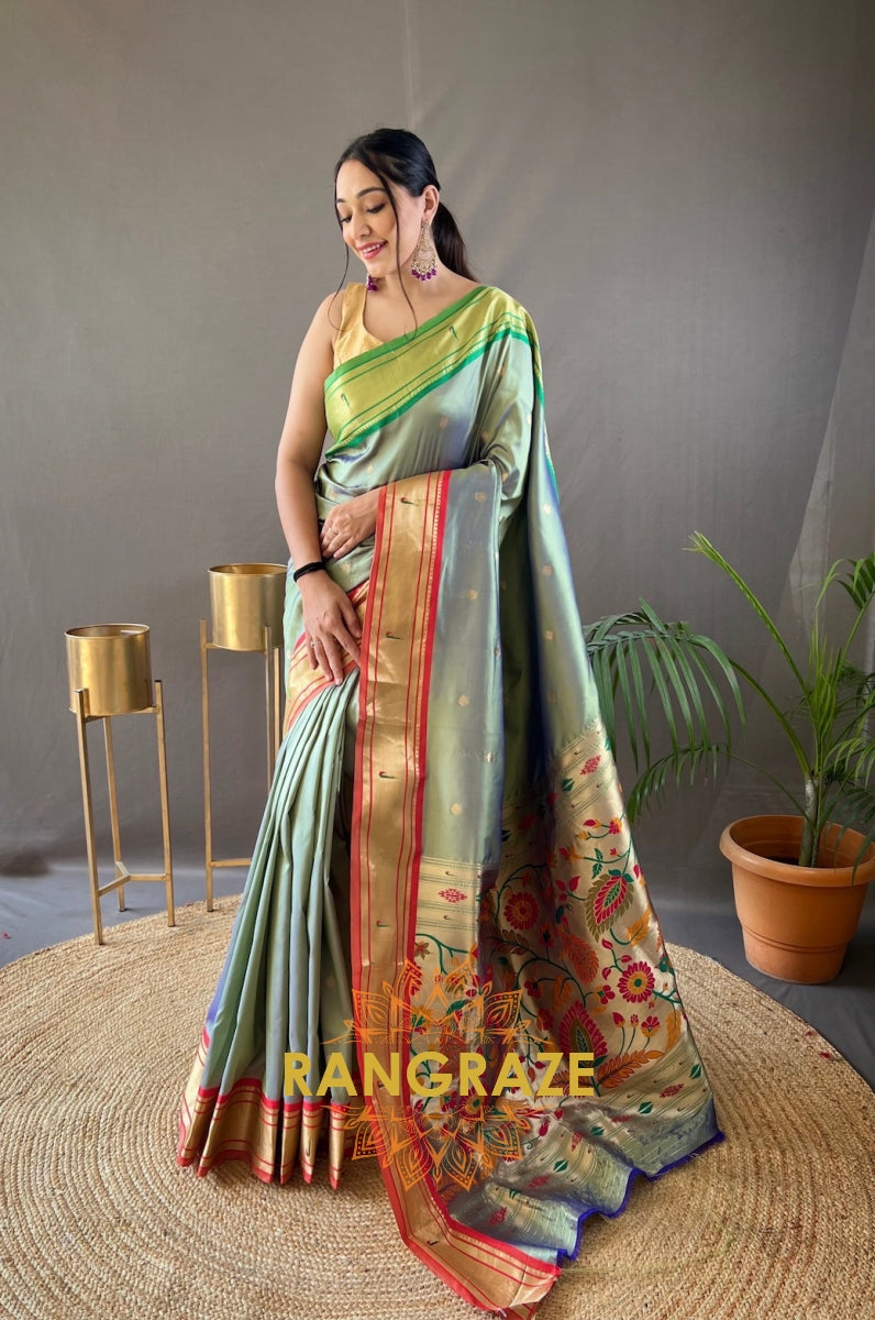 Grey Green Paithani Weaving Saree With Rich Golden Pallu And Butis