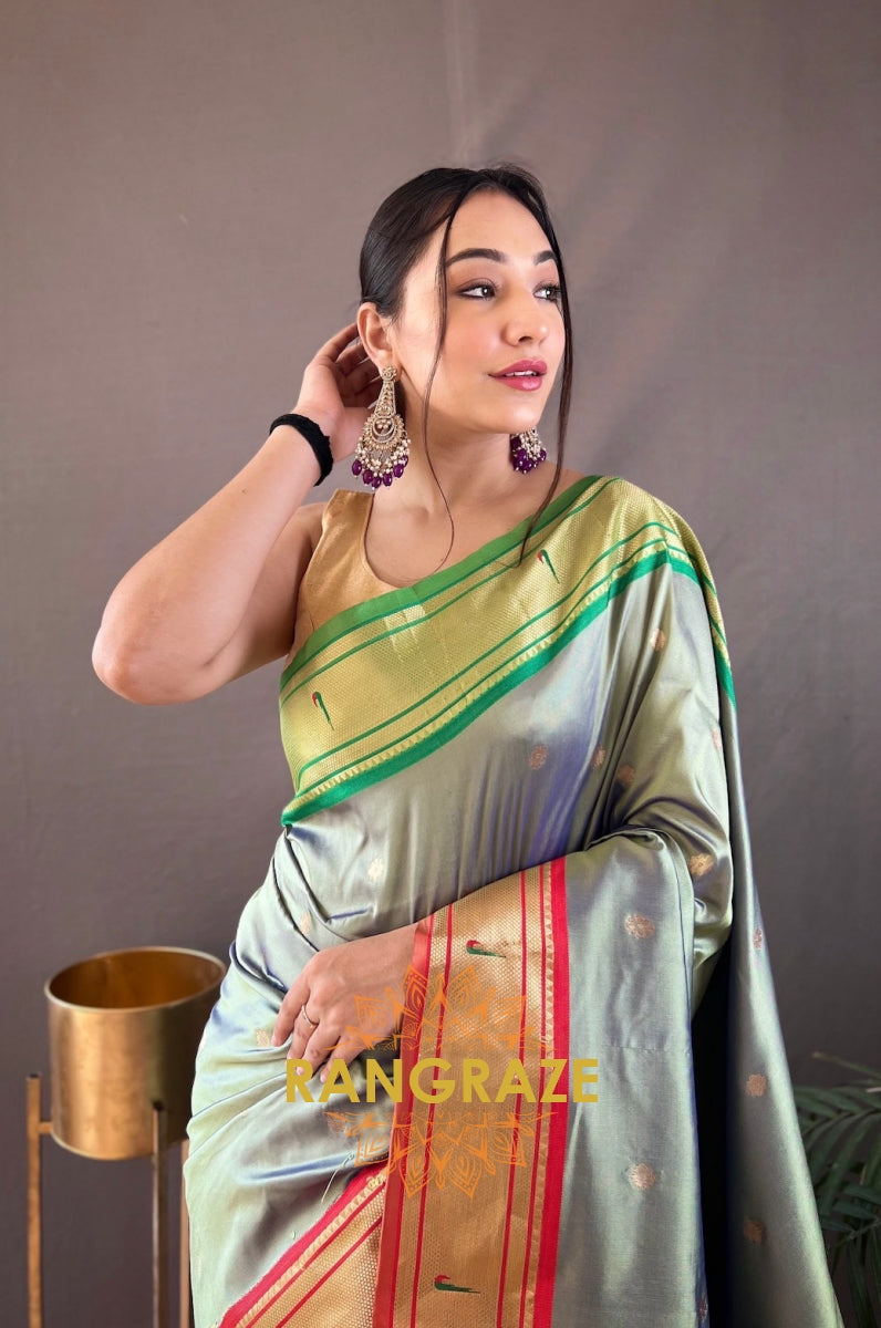 Grey Green Paithani Weaving Saree With Rich Golden Pallu And Butis