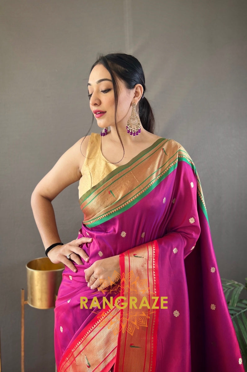 Magenta Pink Paithani Weaving Saree With Rich Golden Pallu And Butis