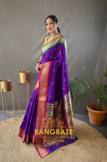 Pitch Purple Paithani Weaving Saree With Rich Golden Pallu And Butis