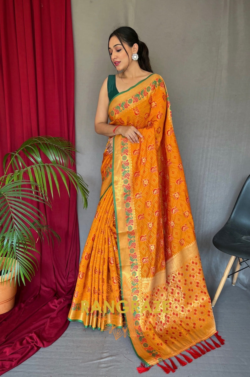 Golden Yellow Pure Kutchi Patola Silk Saree With All Over Patola Weaving