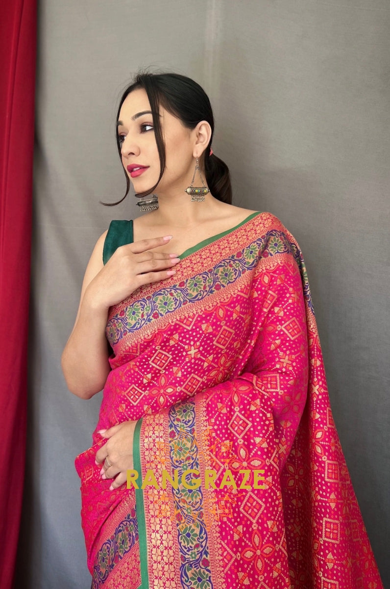 Magenta Red Flower And Patola Fusion Saree With Meenakari Work