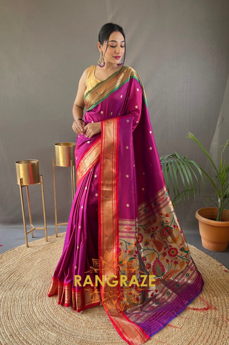 Magenta Pink Paithani Weaving Saree With Rich Golden Pallu And Butis