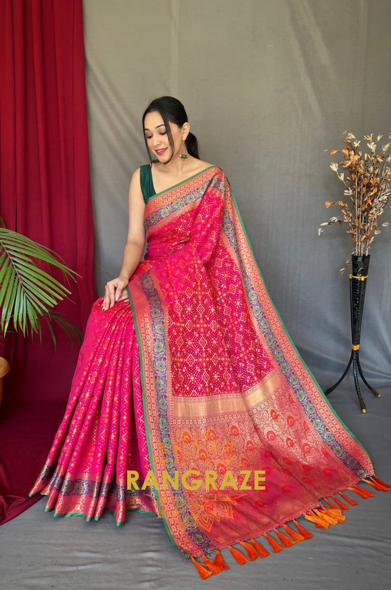 Magenta Red Flower And Patola Fusion Saree With Meenakari Work