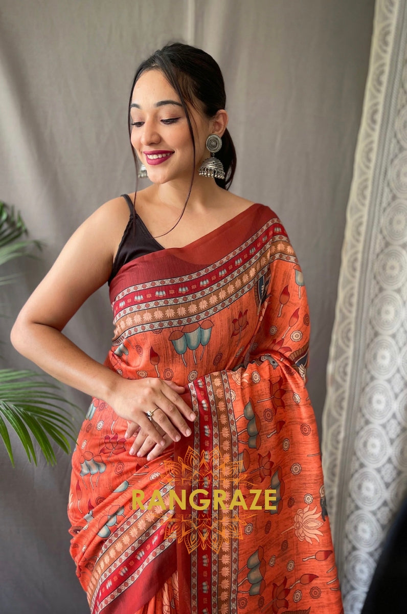 Orange Multi Shade Pure Malai Cotton Saree With Kalamkari Prints