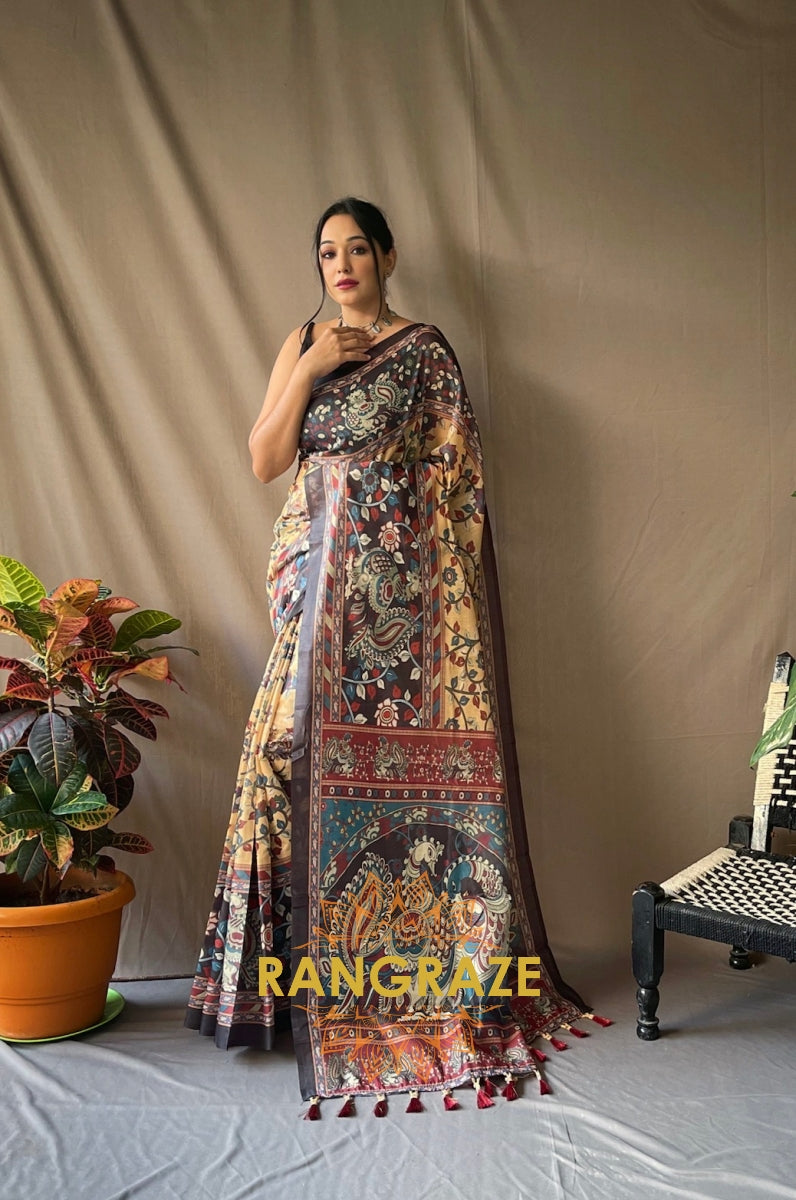 Beige Soft Cotton Saree With Kalamkari Prints And Contrast Pallu