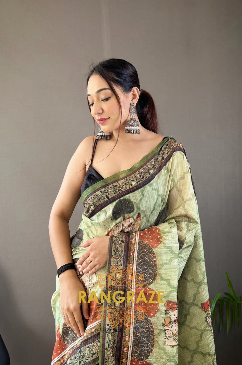 Lime Green Pure Soft Cotton Tussar Silk Saree With Elegant Prints