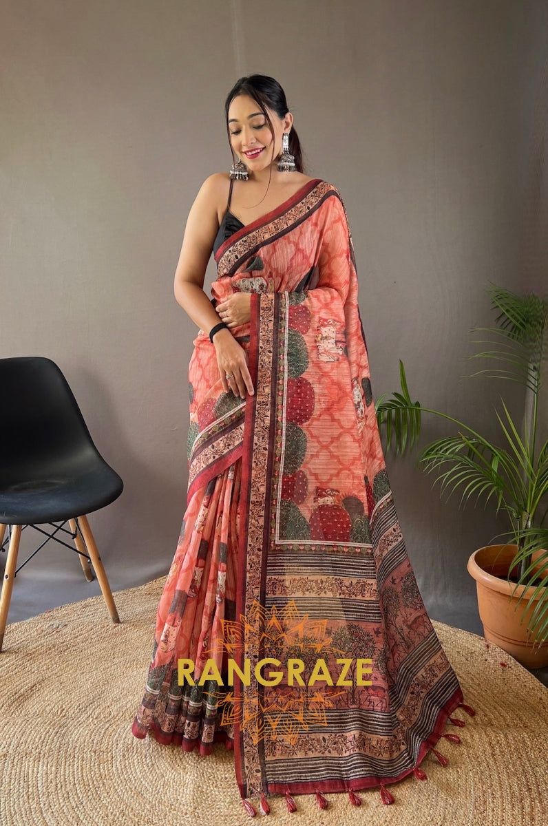 Peach Pink Pure Soft Cotton Tussar Silk Saree With Elegant Prints