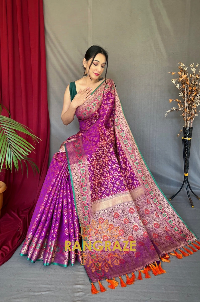 Purple Flower And Patola Fusion Saree With Meenakari Work