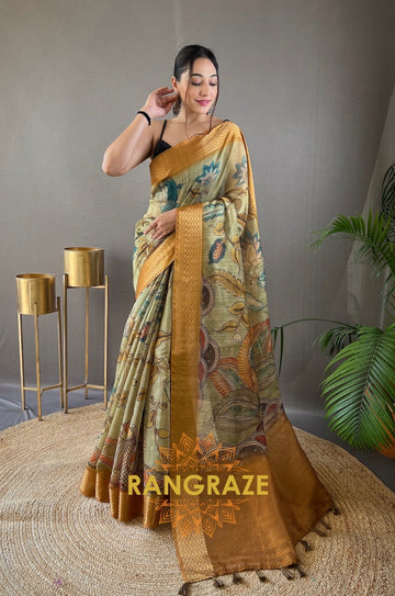 Golden Green Pure Tussar Silk Saree With Handpainted Feel Kalamkari Print