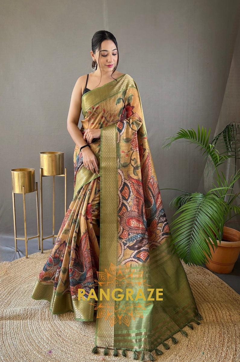 Golden Multi Shade Pure Tussar Silk Saree With Handpainted Kalamkari Print