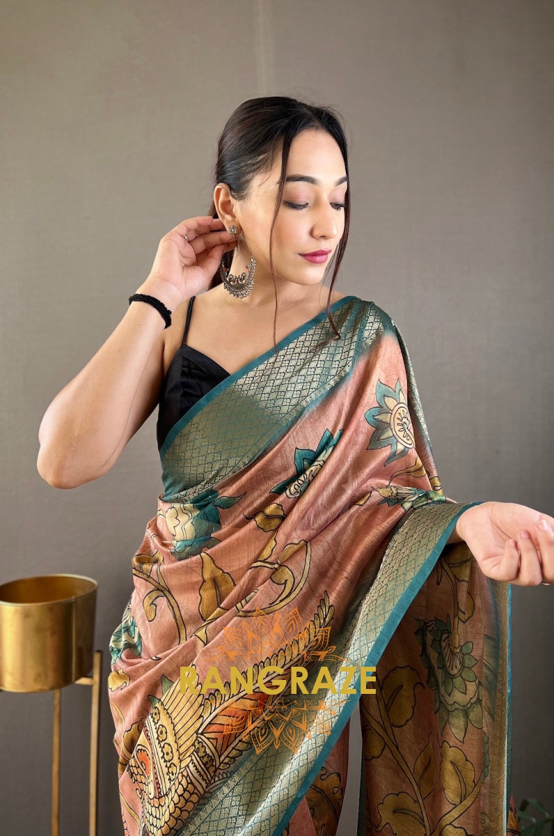 Pink Orange Pure Tussar Silk Saree With Handpainted Feel Kalamkari Print