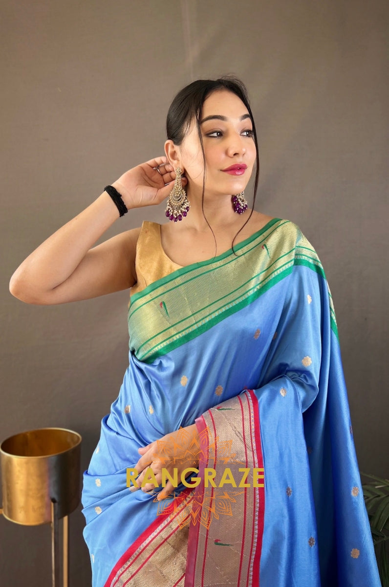 Sky Blue Paithani Weaving Saree With Rich Golden Pallu And Butis