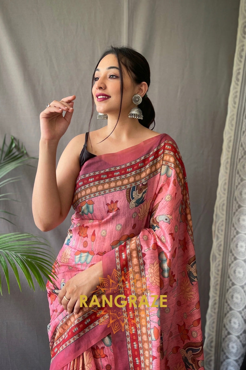 Pink Multi Shade Pure Malai Cotton Saree With Kalamkari Prints