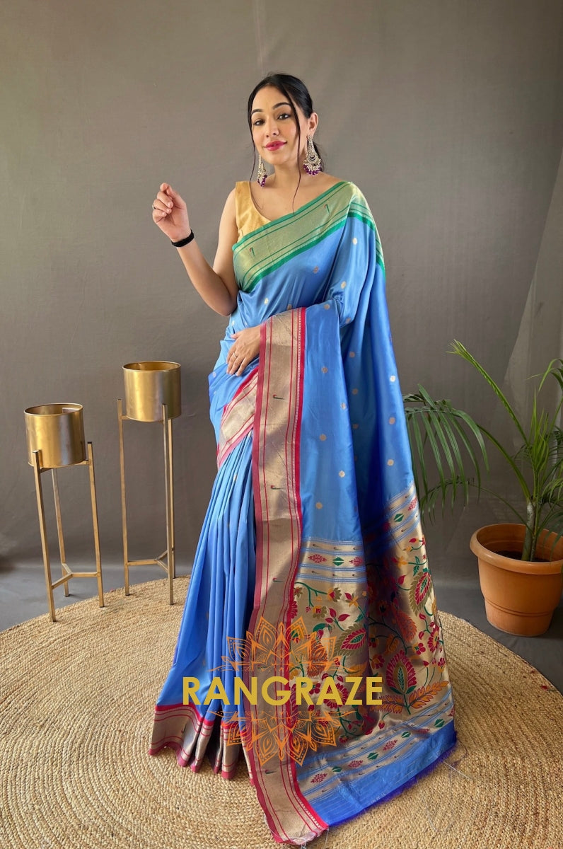 Sky Blue Paithani Weaving Saree With Rich Golden Pallu And Butis