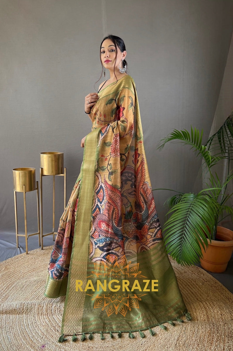 Golden Multi Shade Pure Tussar Silk Saree With Handpainted Kalamkari Print