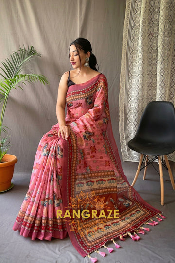 Pink Multi Shade Pure Malai Cotton Saree With Kalamkari Prints