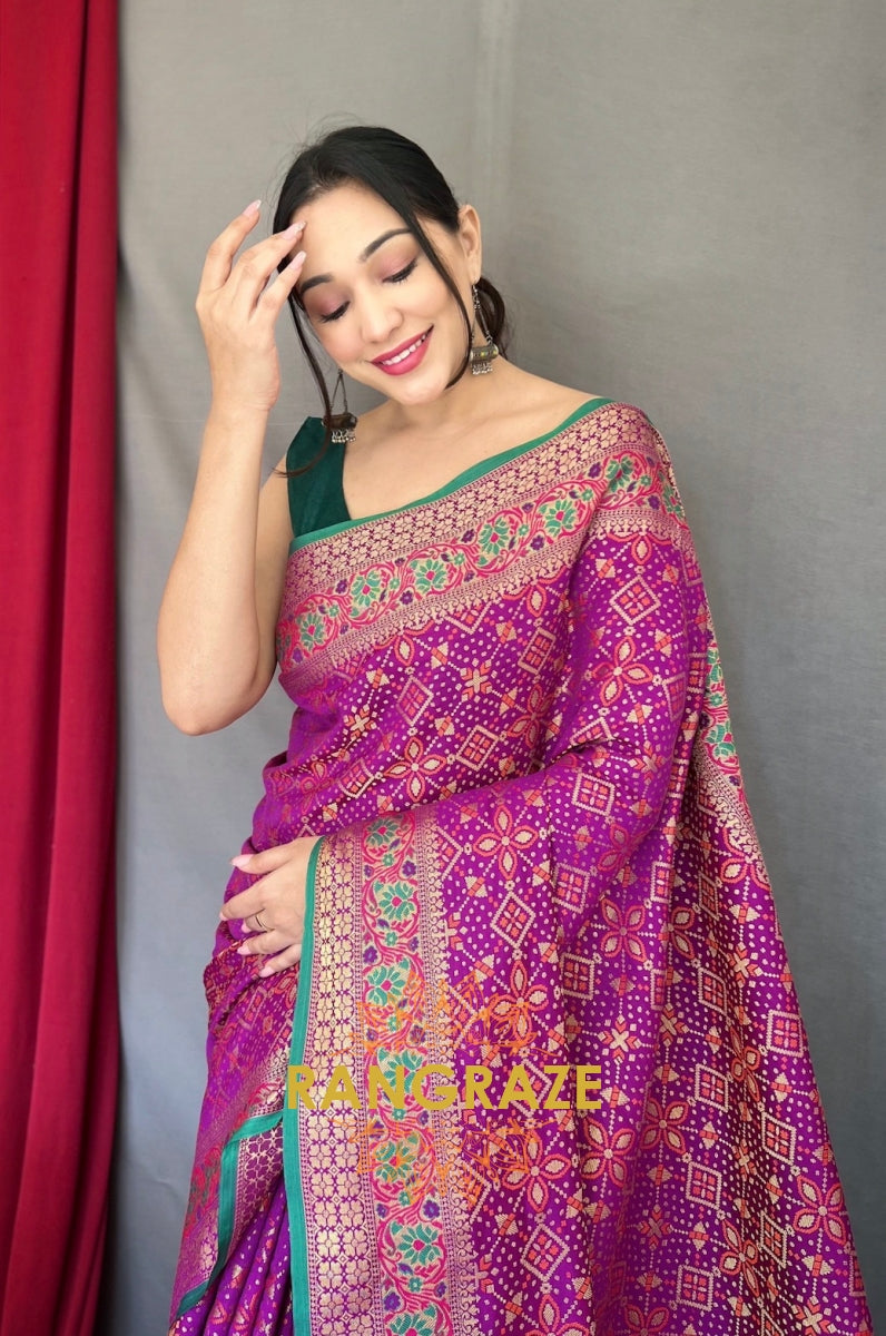 Purple Flower And Patola Fusion Saree With Meenakari Work