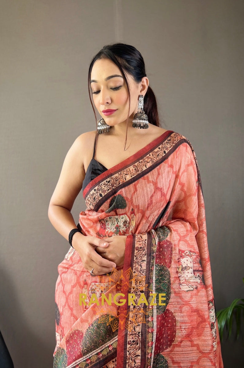 Peach Pink Pure Soft Cotton Tussar Silk Saree With Elegant Prints