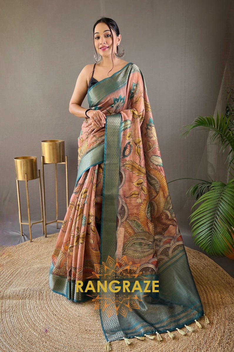 Pink Orange Pure Tussar Silk Saree With Handpainted Feel Kalamkari Print