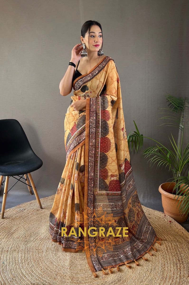 Golden Yellow Pure Soft Cotton Tussar Silk Saree With Elegant Prints