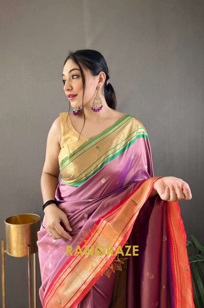 Rose Pink Paithani Weaving Saree With Rich Golden Pallu And Butis