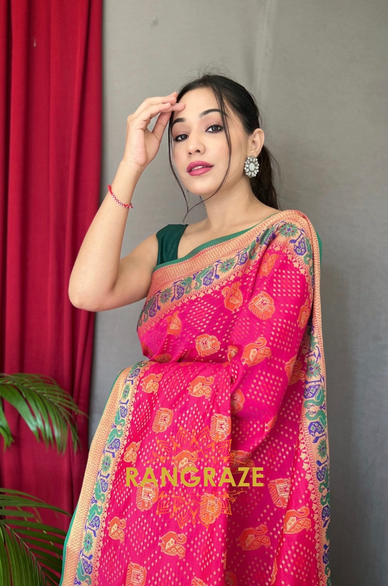 Magenta Pink Pure Kutchi Patola Silk Saree With All Over Patola Weaving