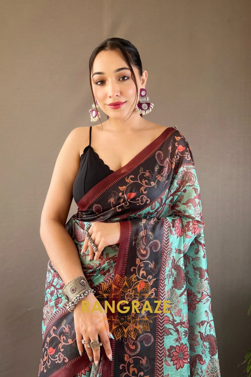 Turquoise Blue Italian Digital Printed Saree