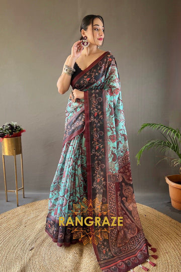 Turquoise Blue Italian Digital Printed Saree