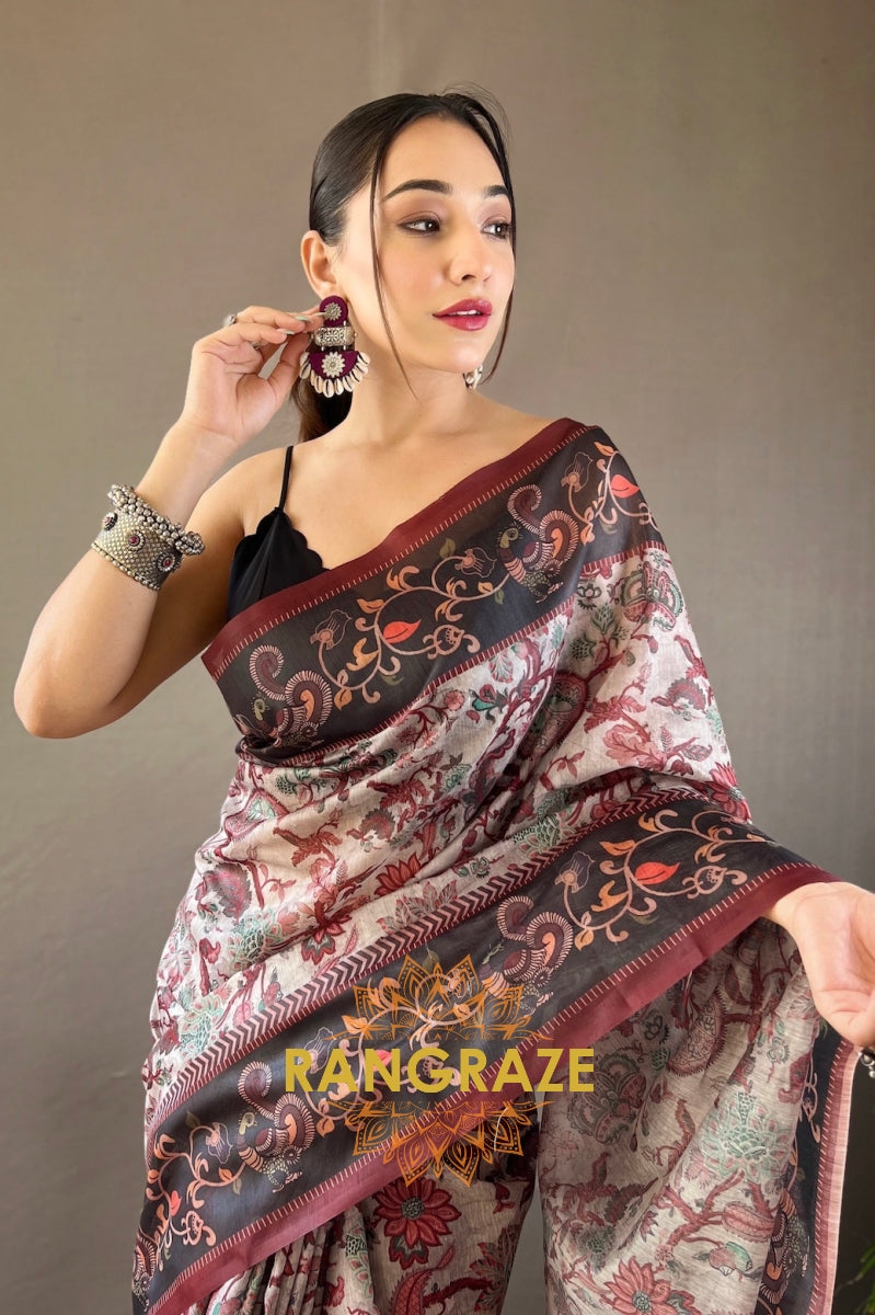 Grey Italian Digital Printed Saree