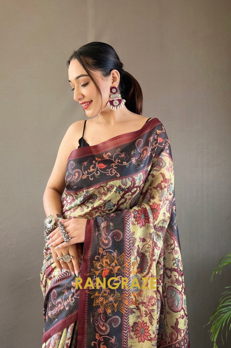 Green Italian Digital Printed Saree