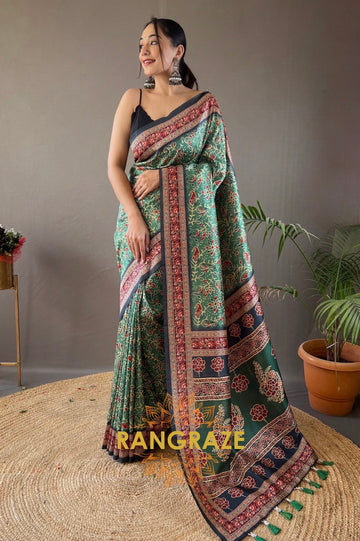 Royal Green Floral Digital Print Saree