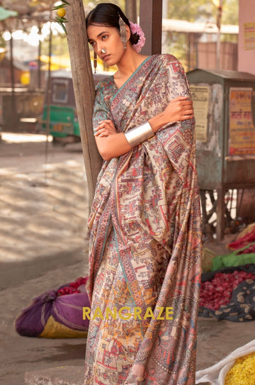 Brown Turquoise Multi Shade Designer Saree With Flower City Theme