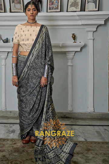 Charcoal Black Gajji Silk Printed Designer Saree