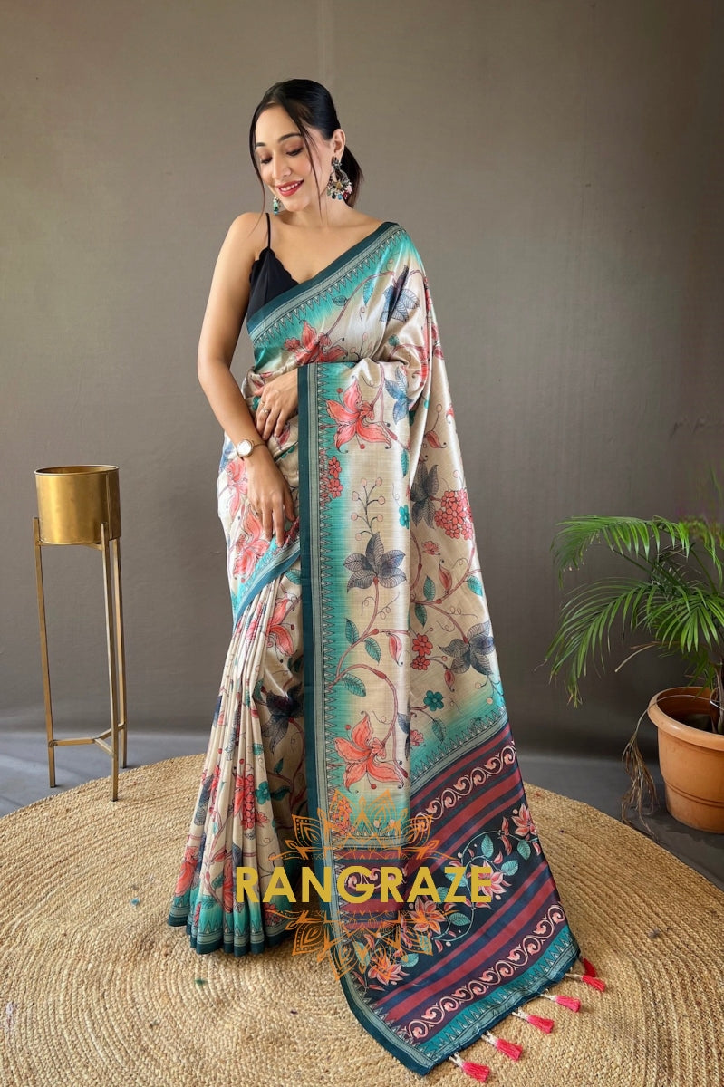 Metal Golden Turquoise Multi Shade Digital Kalamkari Printed Saree