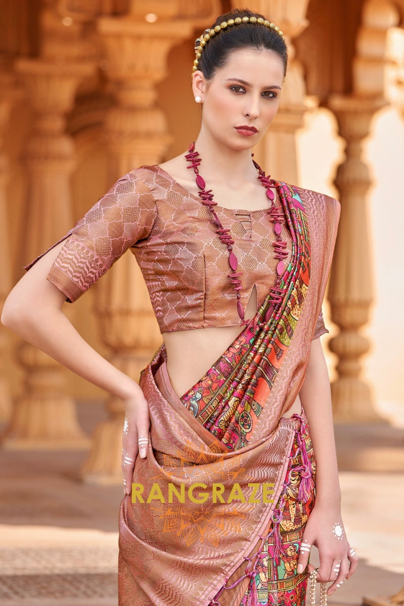 Rich Pink Bamboo Silk Weaving Printed Saree