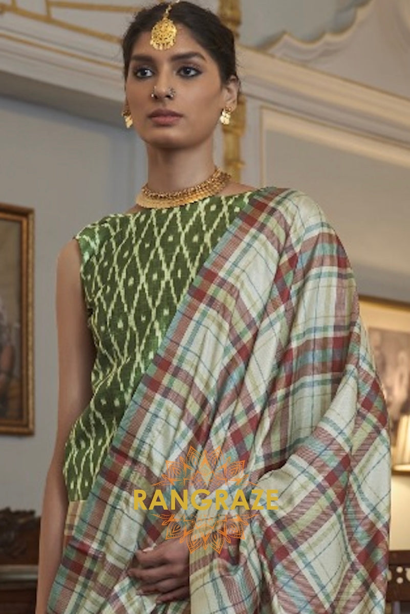 Green Biege Modern Banarasi Silk Printed Designer Saree