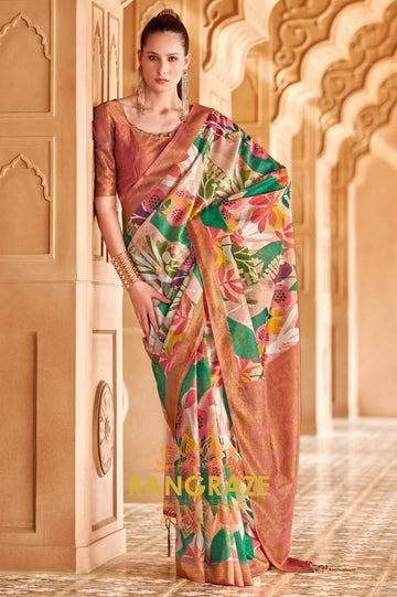 Pink Green Cotton Satin Silk Printed Saree