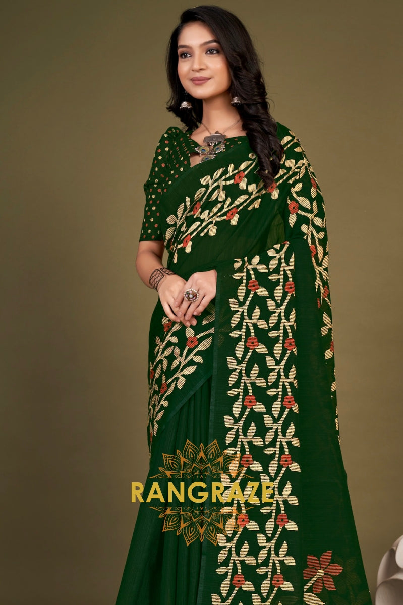 Dark Green Festive Floral Pattern Silk Saree