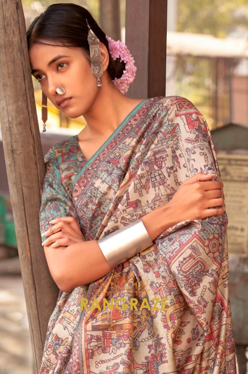 Brown Turquoise Multi Shade Designer Saree With Flower City Theme