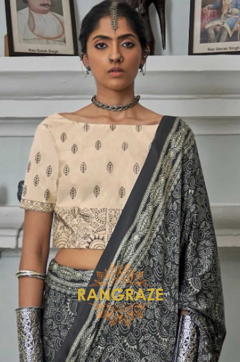 Charcoal Black Gajji Silk Printed Designer Saree