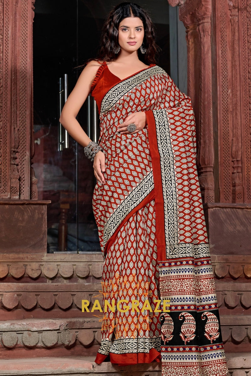 Luxurious Orange Peach Bhagalpuri Silk Printed Saree