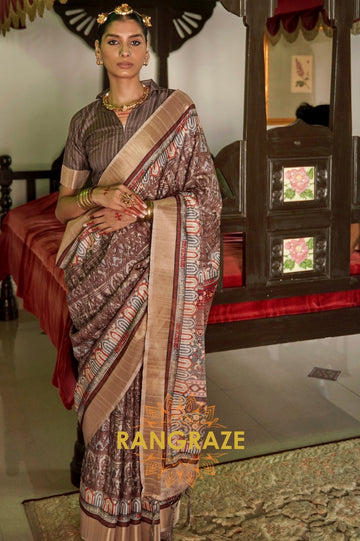 Golden Brown Printed Designer Silk Saree