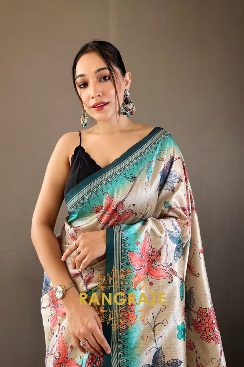 Metal Golden Turquoise Multi Shade Digital Kalamkari Printed Saree