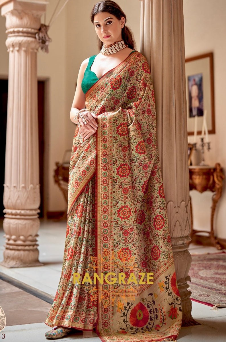 Imperial Beige Pink Pure Banarasi Zari Silk Printed Saree