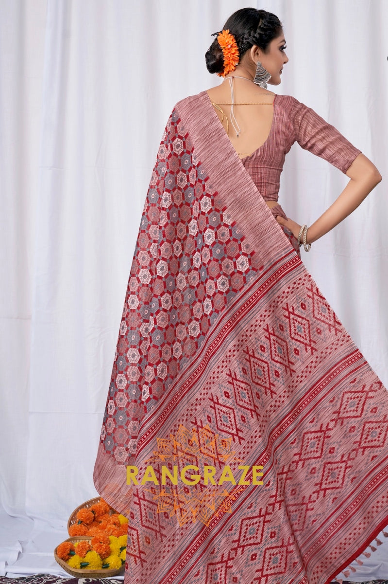 Charming Red Floral Pattern Silk Saree