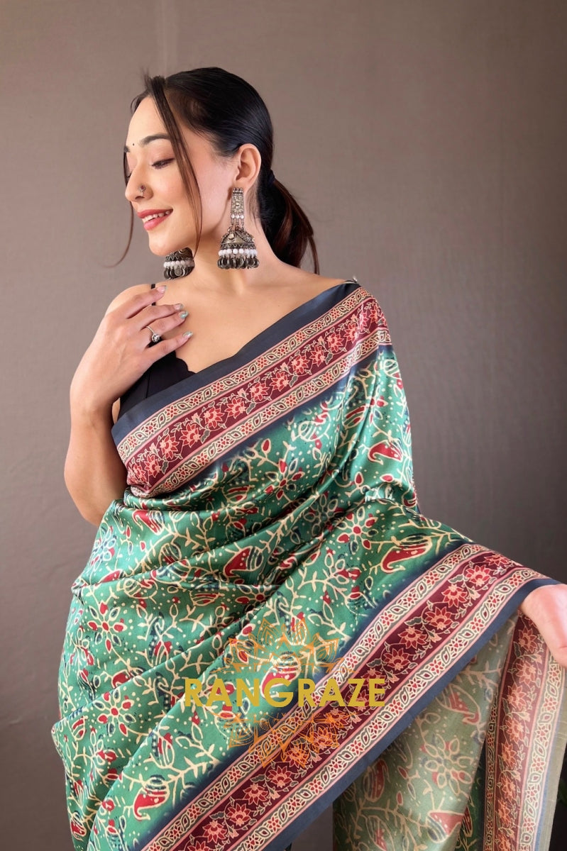 Royal Green Floral Digital Print Saree