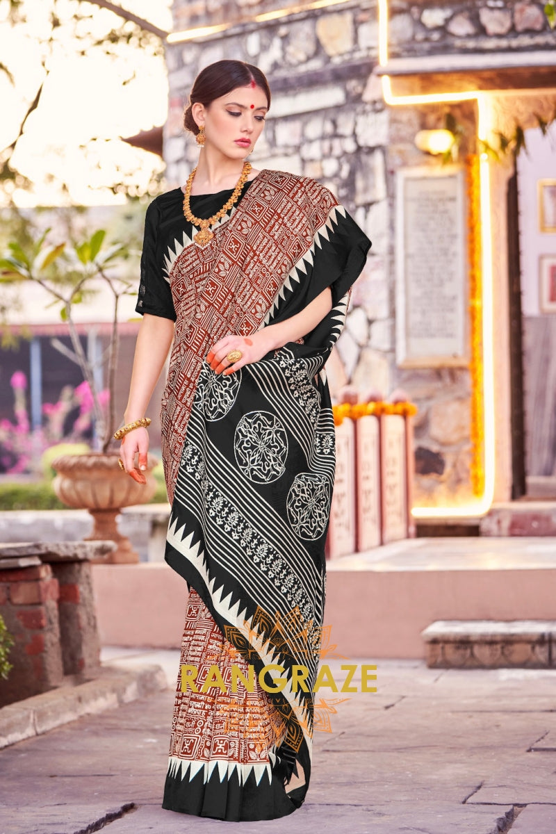 Ethereal Black Red Bhagalpuri Silk Printed Saree